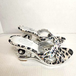 Bolaro Leopard Blk Rhinestone Wedge Sz 8, 4in Heel